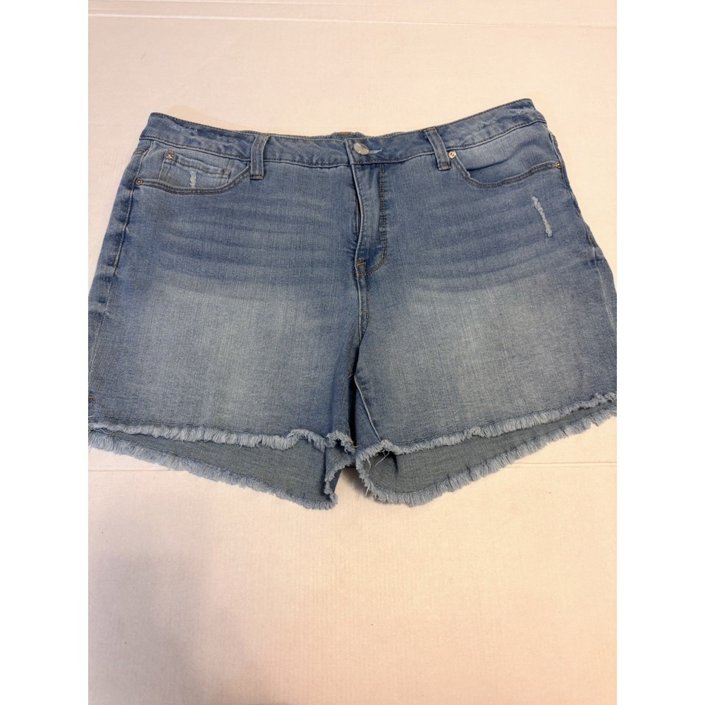 Seven7 Cut Off Shorts Womens 16 Blue Distressed Denim Fly Raw Hem